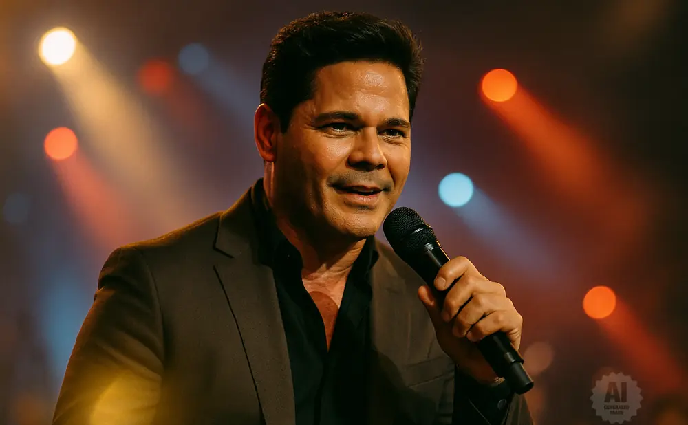 Man in a suit holding a microphone, smiling with stage lights in the background.