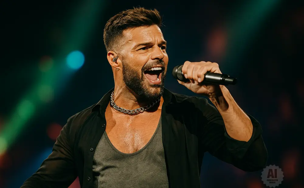 Ricky Martin sings passionately into a microphone on stage, wearing a black shirt and chain necklace.