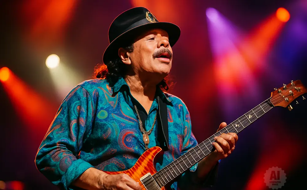 Carlos Santana plays his guitar on stage, wearing a hat and a colorful shirt.