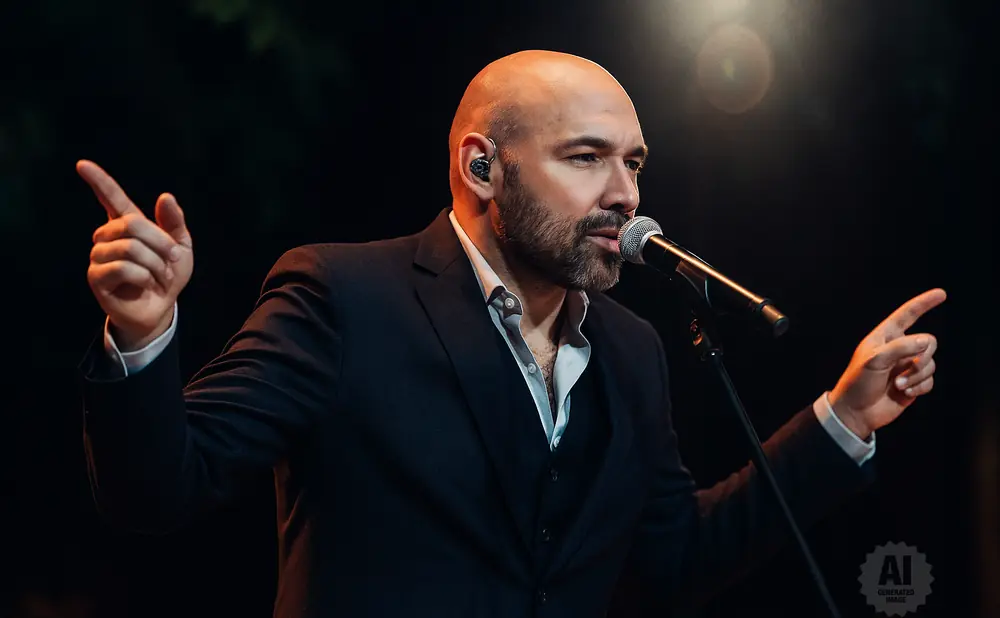 A bald man in a suit sings into a microphone on a dark stage, with his hands gesturing.