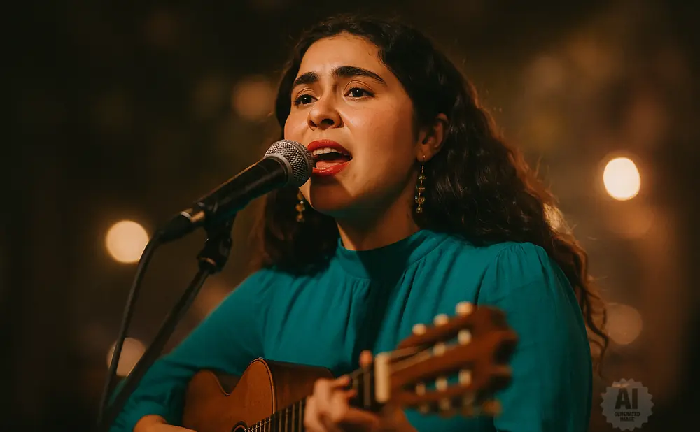 A woman with dark, curly hair sings into a microphone while playing an acoustic guitar.