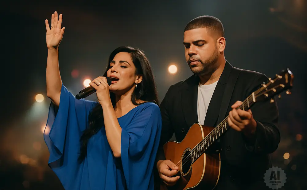 A woman sings into a microphone with her arm raised while a man plays guitar.