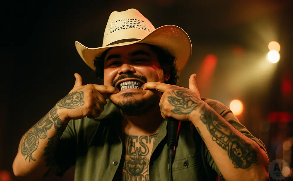 A man with a cowboy hat and gold teeth smiles, pointing to his teeth with his thumbs, showing off his tattoos.
