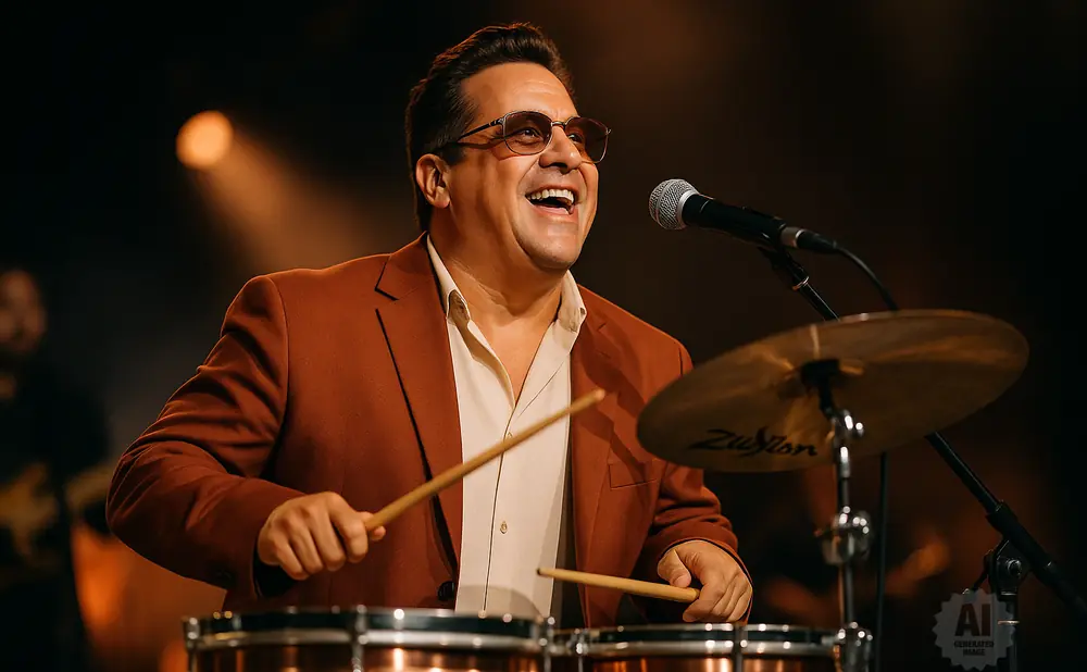 A smiling male drummer in a brown suit plays drums on stage with a microphone and cymbal.