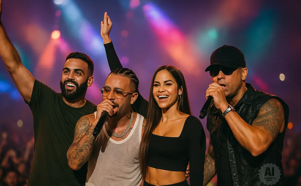 A music group of four people on stage singing into microphones with colorful stage lights in the background.