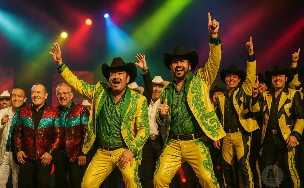 Two men in matching green and yellow sparkly outfits and cowboy hats perform on stage with a group of men.