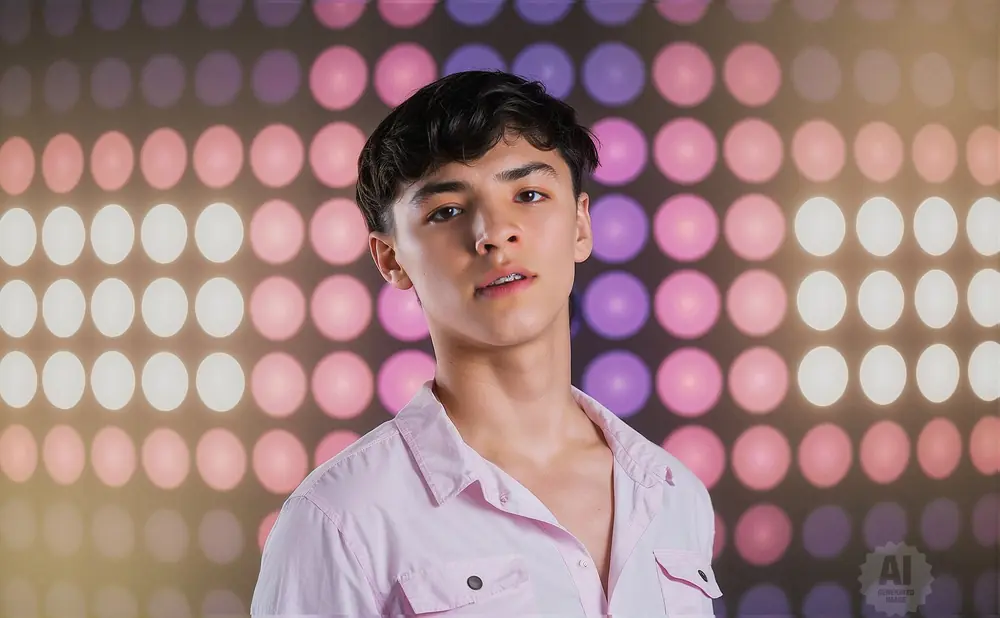 Young man with dark hair and braces, wearing a pink shirt, poses against a background of blurred pink and purple circles of light.