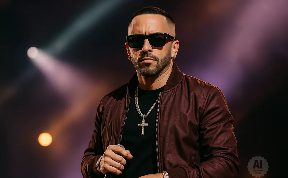 A man wearing sunglasses, a bomber jacket, and a cross necklace stands on stage with spotlights behind him.
