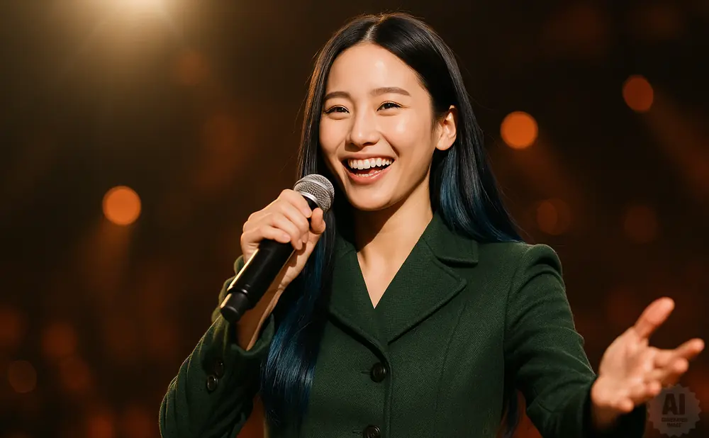 A young woman smiles and holds a microphone, gesturing with her other hand.