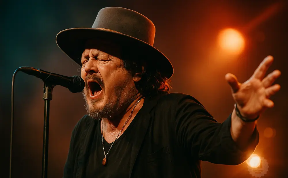 A man in a hat sings passionately into a microphone on stage, his hand outstretched.