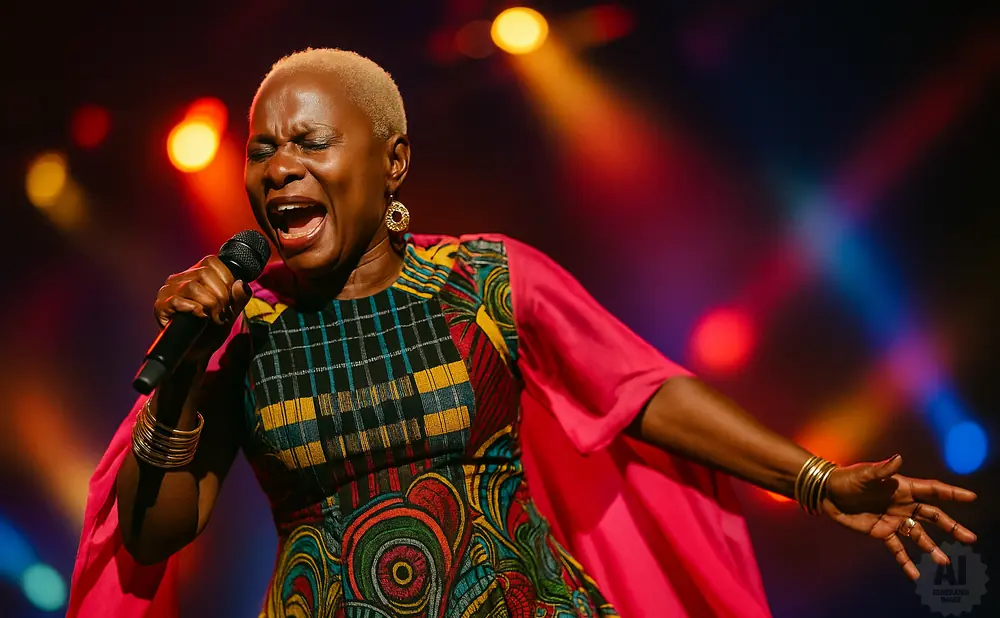 Singer with closed eyes belts into a microphone, wearing a colorful dress and pink cape, bathed in stage lights.