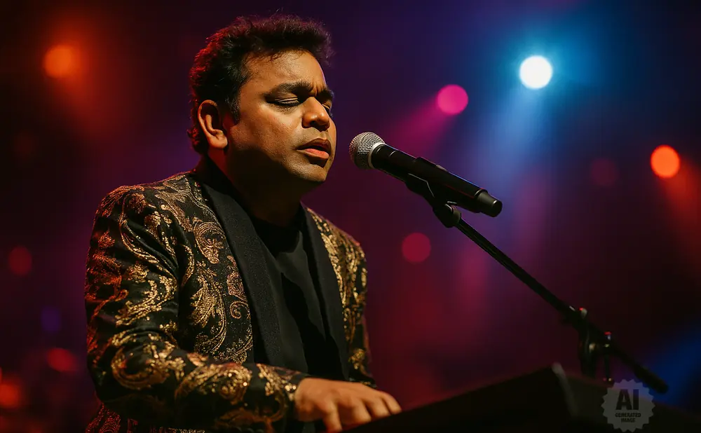 A.R. Rahman sings into a microphone on stage, wearing a stylish, patterned jacket with peacock feathers.