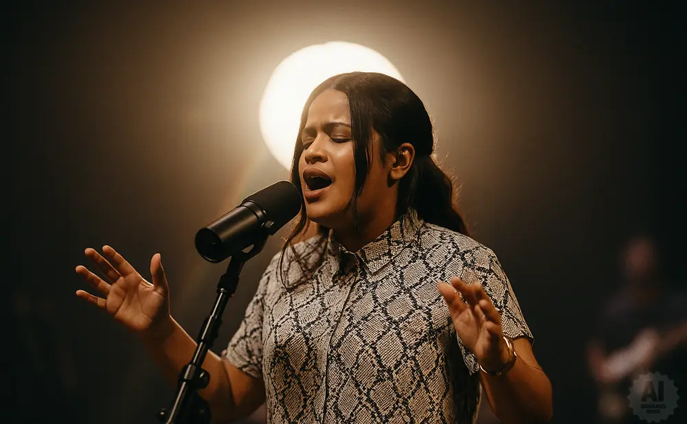 A woman sings passionately into a microphone, eyes closed, with hands raised in a dark, atmospheric setting.