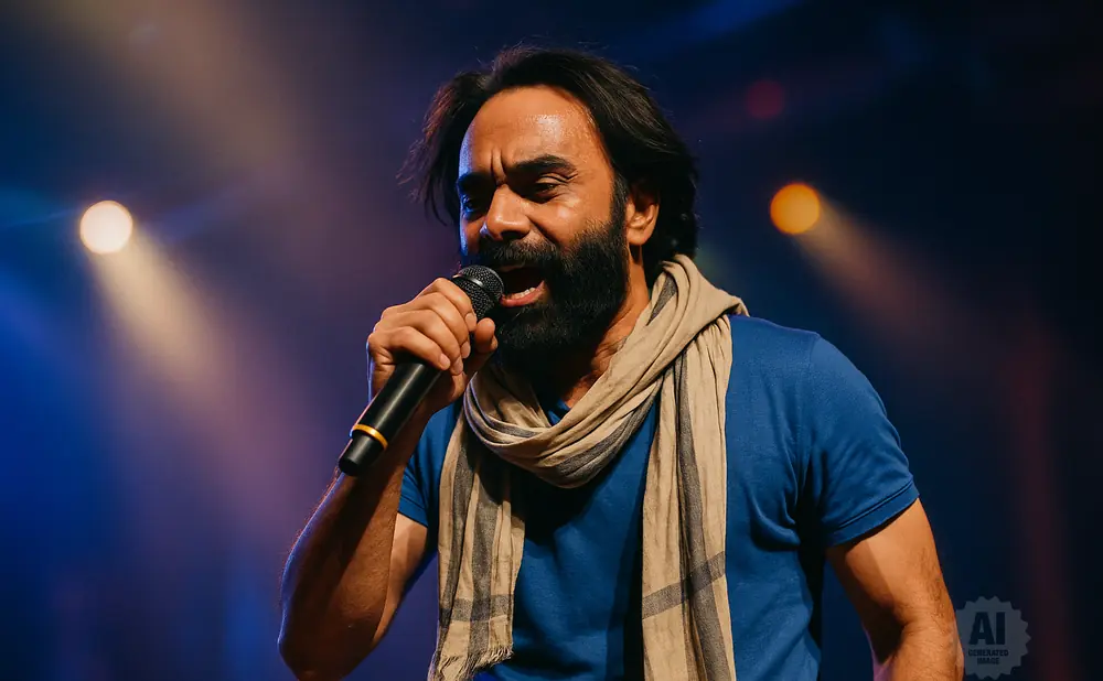 Singer with a beard, wearing a blue t-shirt and scarf, holds a microphone and sings on stage.