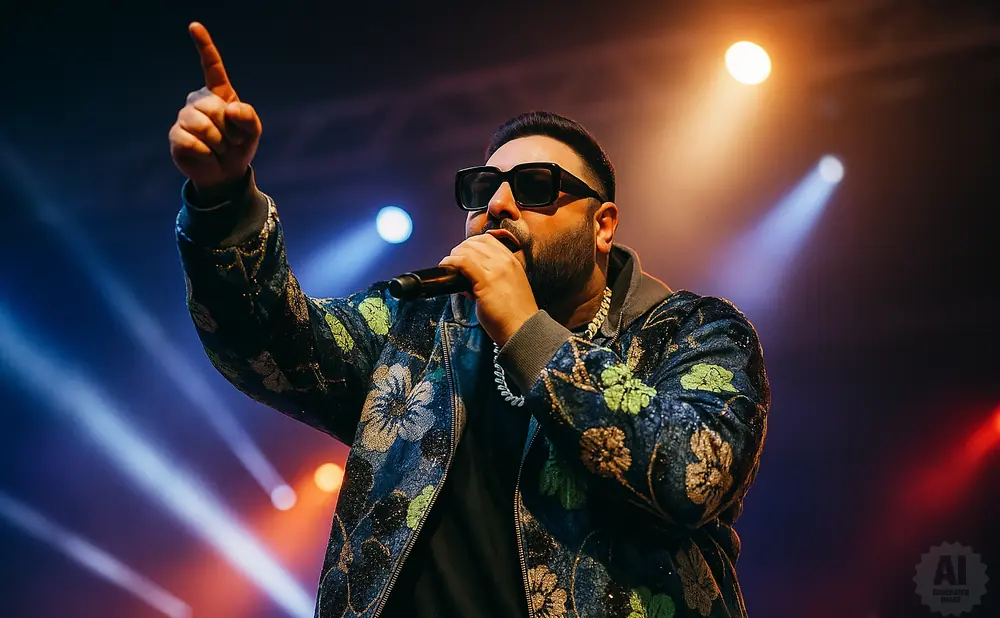 A man in a sequined floral jacket and sunglasses sings into a microphone, pointing his finger up.