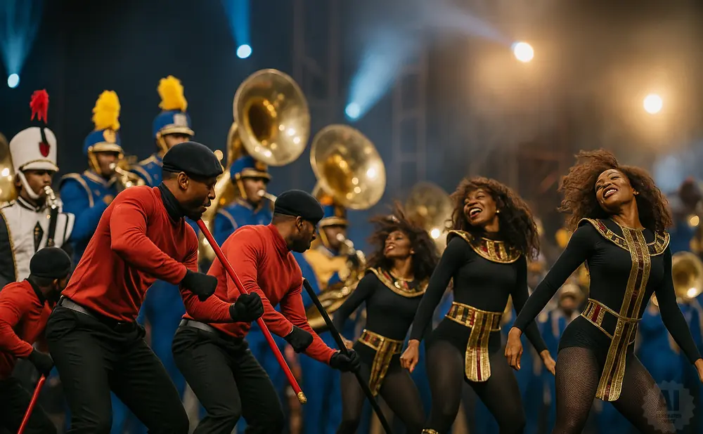 A marching band with members in red and blue uniforms, and dancers in black and gold outfits, performing outdoors at night.