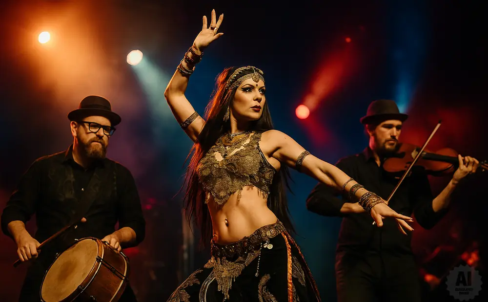 A belly dancer performs with a violinist and drummer on a dimly lit stage with colorful spotlights.
