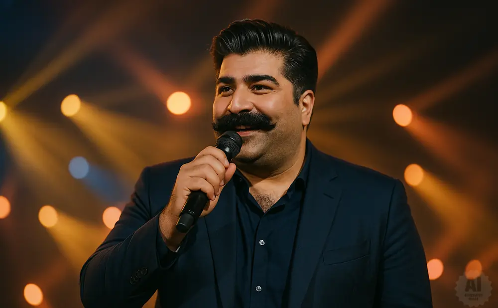 A man with a large mustache, wearing a dark suit and shirt, speaks into a microphone on a brightly lit stage.