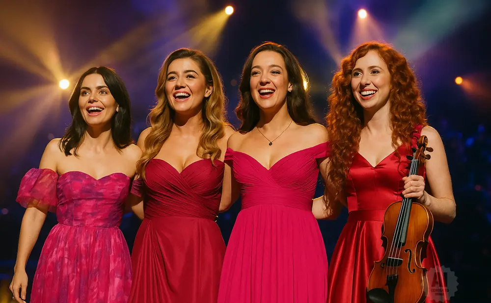 Four women in elegant red dresses smiling on stage. One holds a violin.