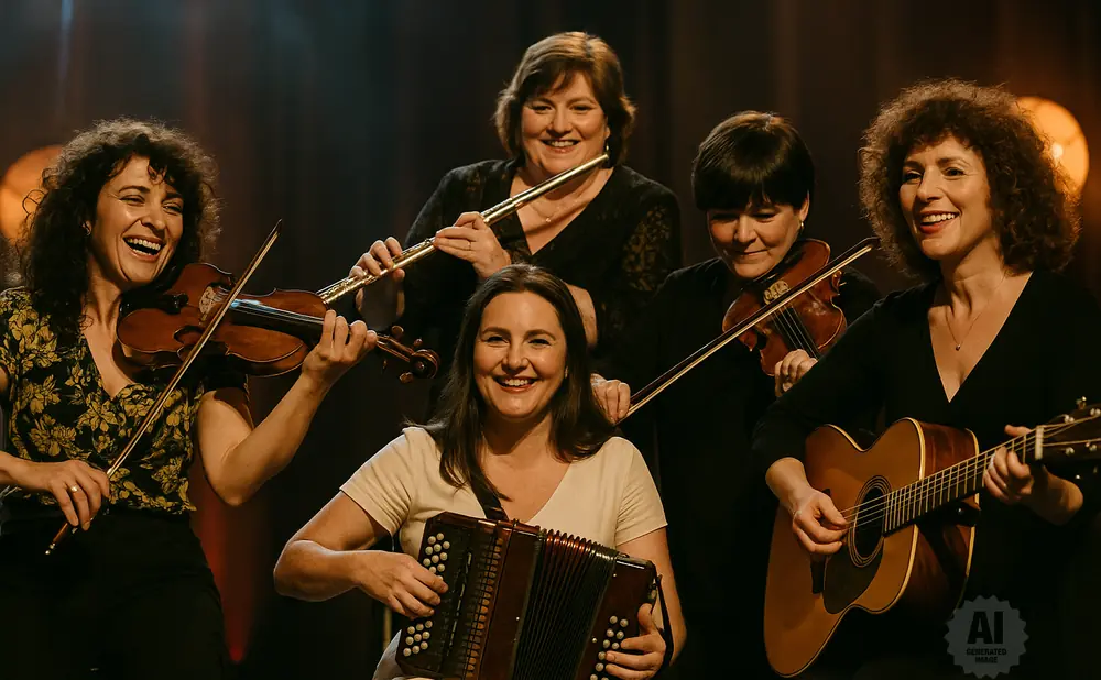A group of five women playing musical instruments, including violins, a flute, an accordion, and a guitar.