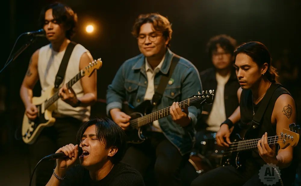 A band performs with the lead singer in the foreground singing into a microphone.