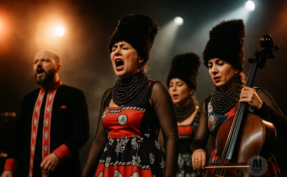 A choir performs, with a man singing and two women singing and playing a cello.