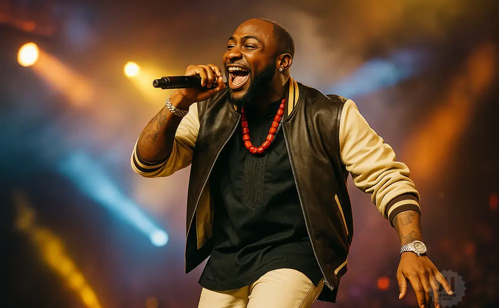 A Black man in a black and tan jacket sings into a microphone on stage with colored stage lights.