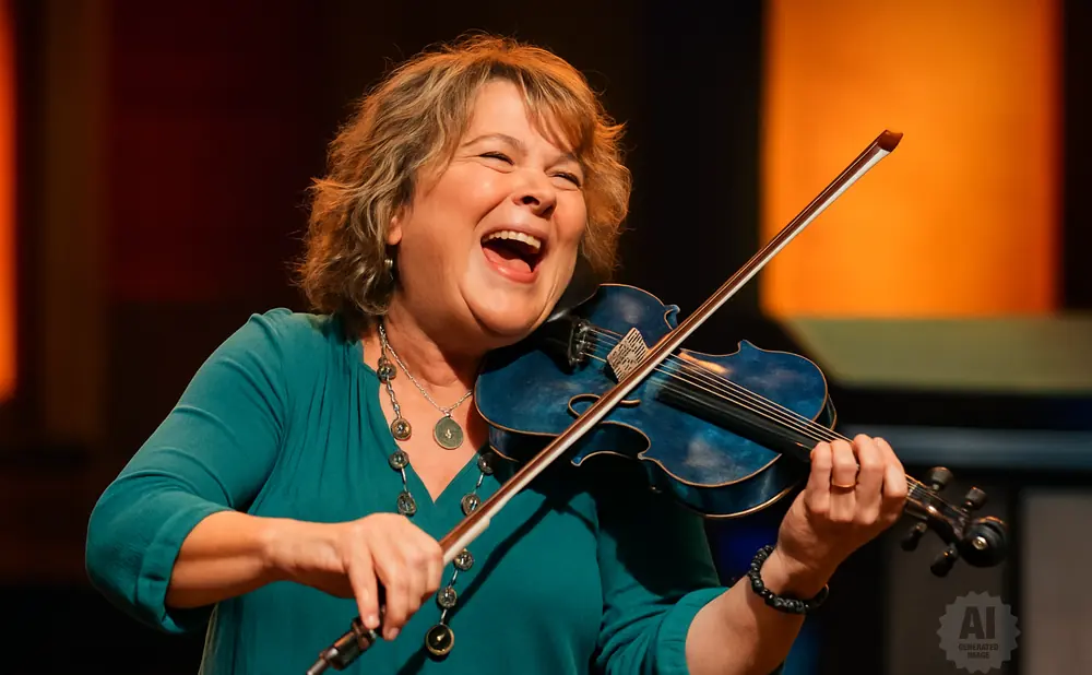 A woman with short, curly hair laughs joyfully as she plays a blue violin.