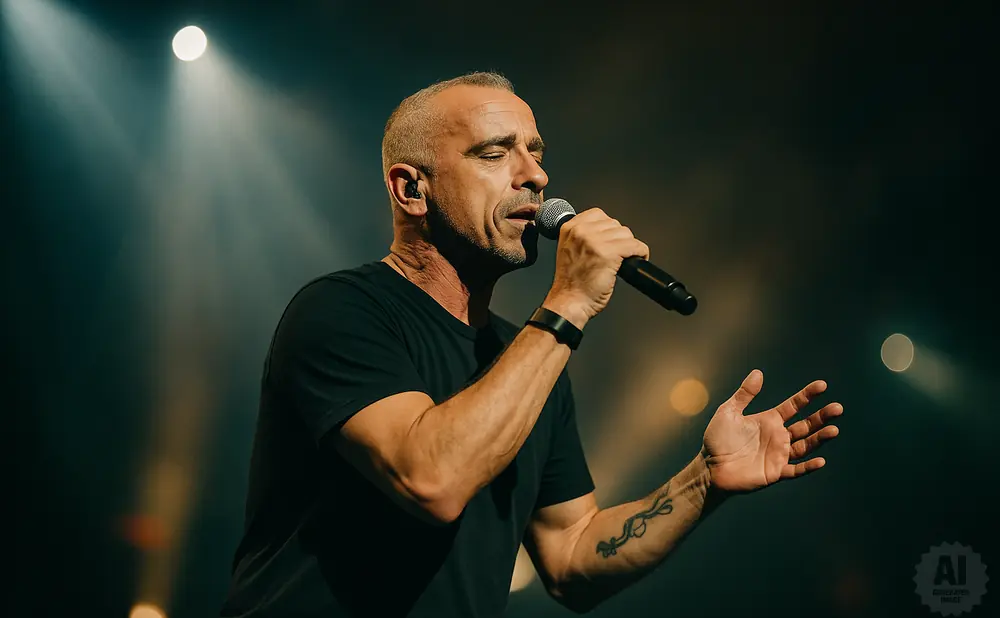 Man singing into a microphone on a dark stage with spotlight and blurred lights.