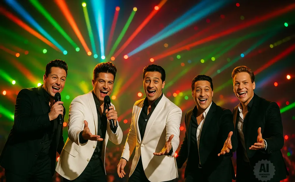 Five men in suits sing and smile on stage with colorful lights behind them.