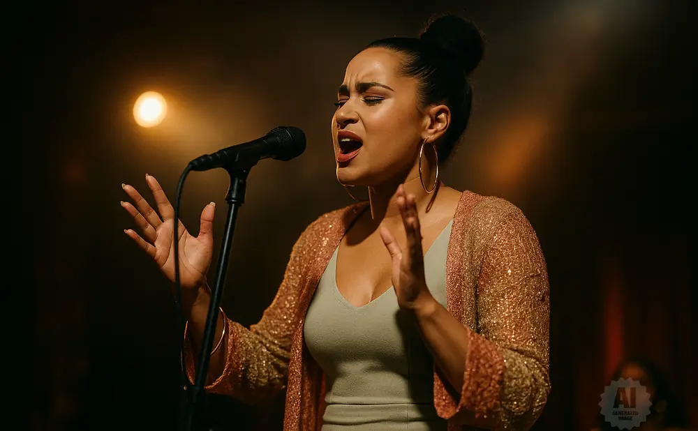 Singer performing on stage, with a microphone and spotlight.
