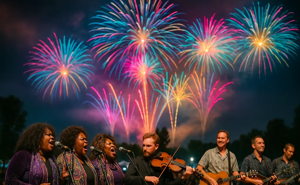 A band plays music in front of a colorful fireworks display.