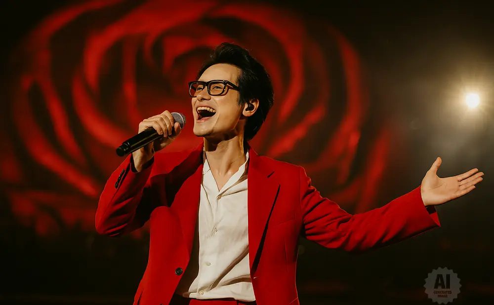 A man in a red suit sings into a microphone with one hand outstretched.
