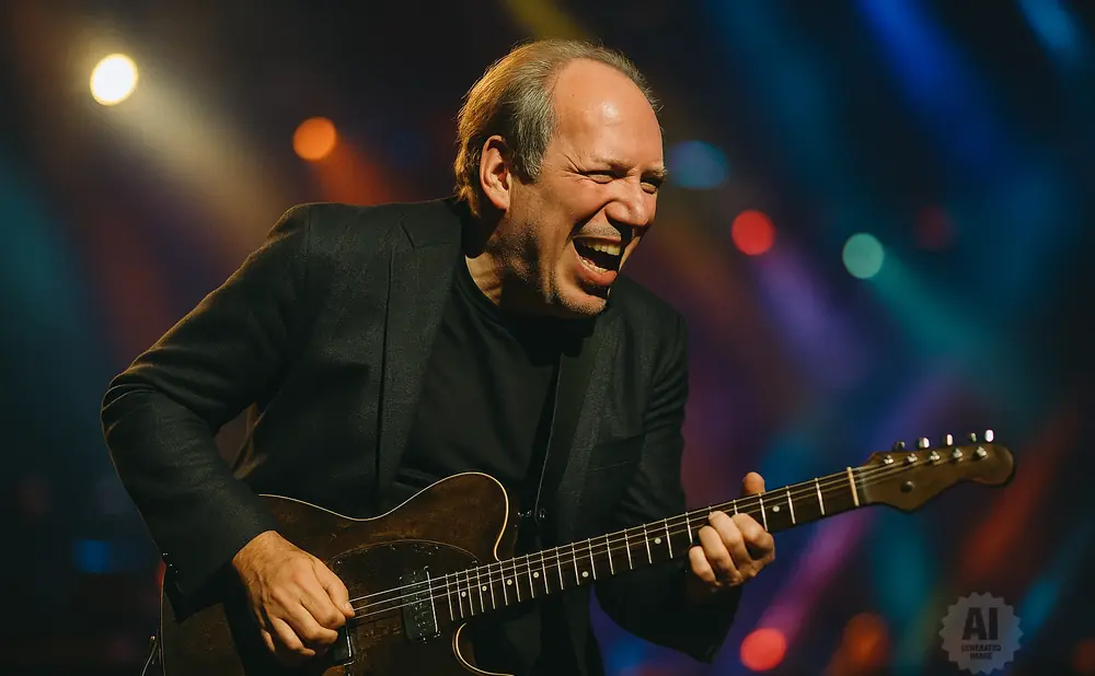 A man in a suit plays an electric guitar with his eyes closed and mouth open in excitement.