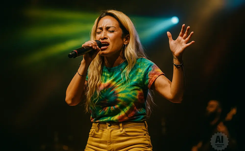 A woman with blonde hair sings into a microphone on stage, wearing a tie-dye shirt and yellow shorts.