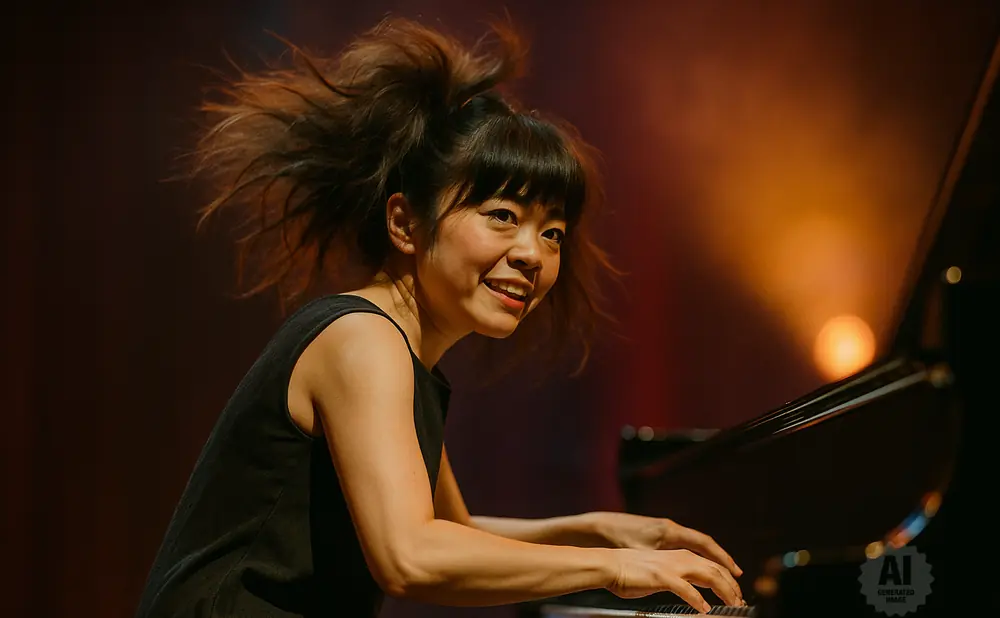 A woman with her hair flying plays a piano with her hands on the keys.