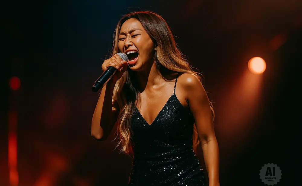 Singer with eyes closed belts into a microphone on stage.