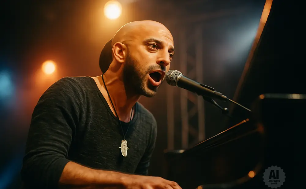 A bald man with a beard sings into a microphone while playing a piano.