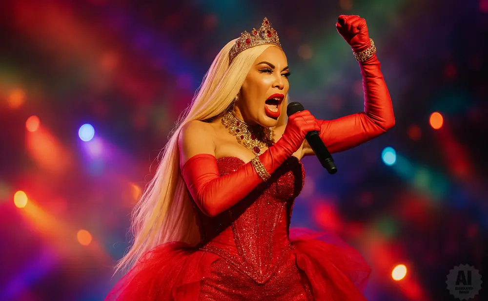 A drag queen in a sparkly red dress and crown sings into a microphone with a fist raised.