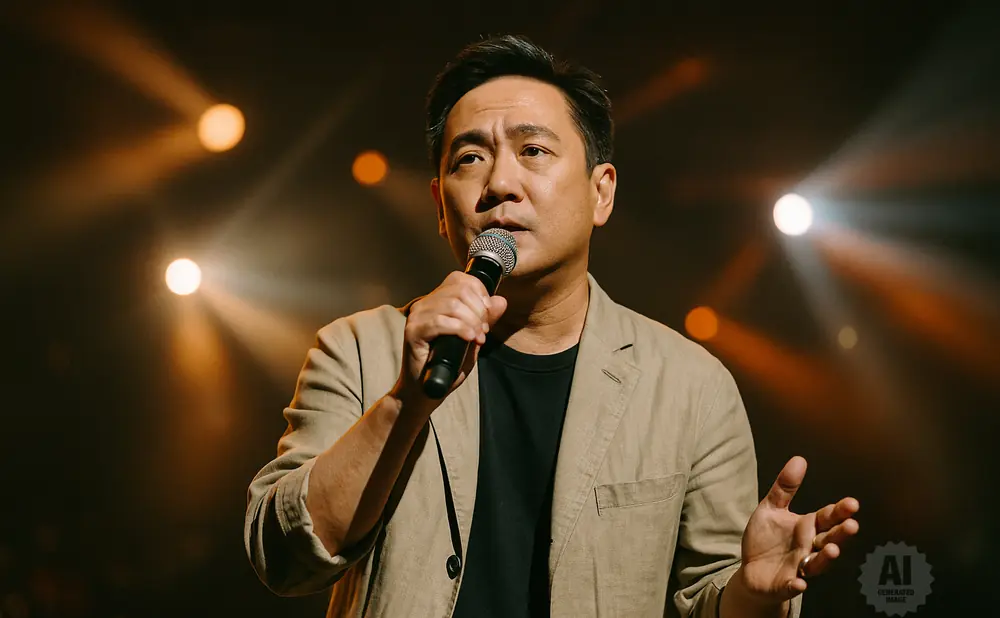 A man in a tan jacket speaks into a microphone on a dark stage with orange spotlight effects.