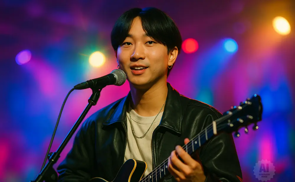 A young man with black hair plays a guitar and sings into a microphone on a stage with colorful lights.