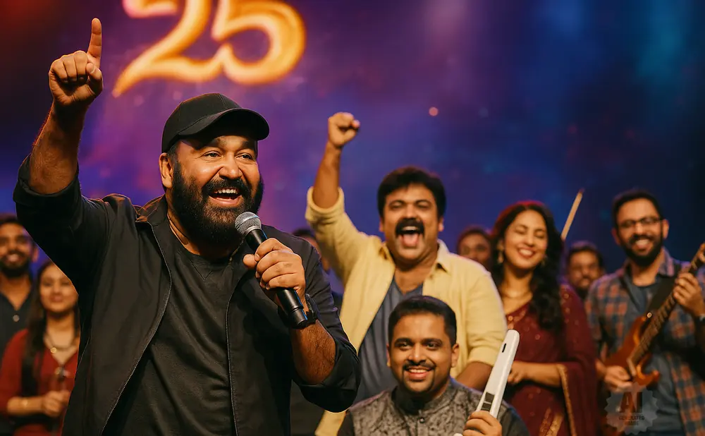 Man in a black cap and jacket holds a microphone and points up, celebrating with a diverse group of people.