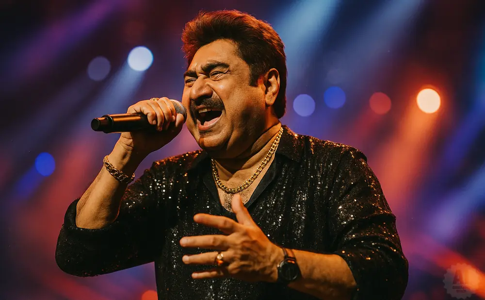 Man singing into a microphone on stage, wearing a sequined shirt and gold jewelry.