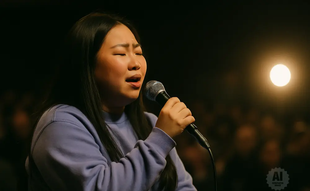 A young woman sings into a microphone, eyes closed, wearing a purple sweatshirt.