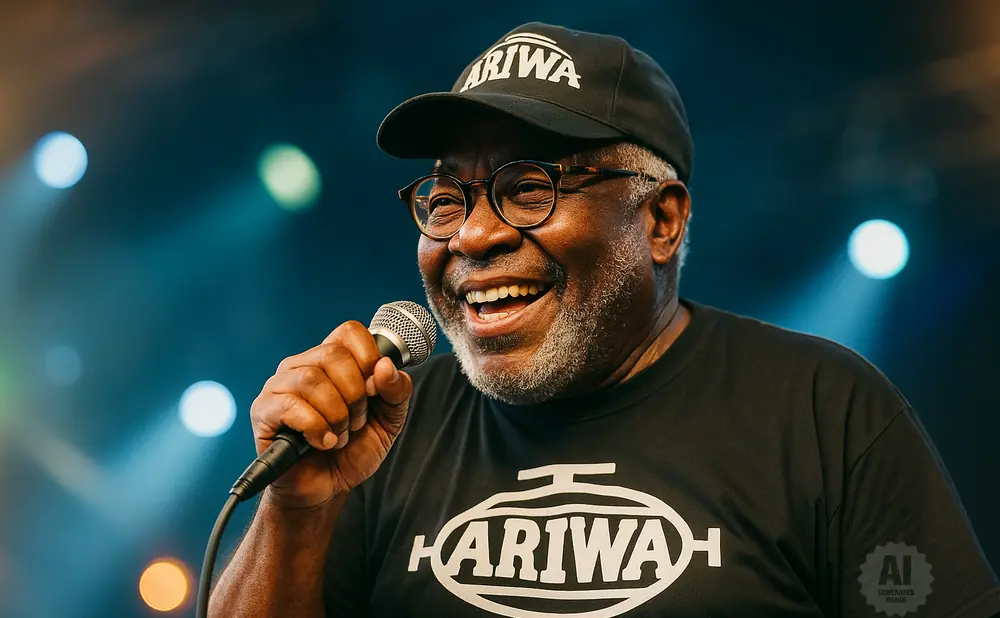 A Black man wearing a black cap and t-shirt with 