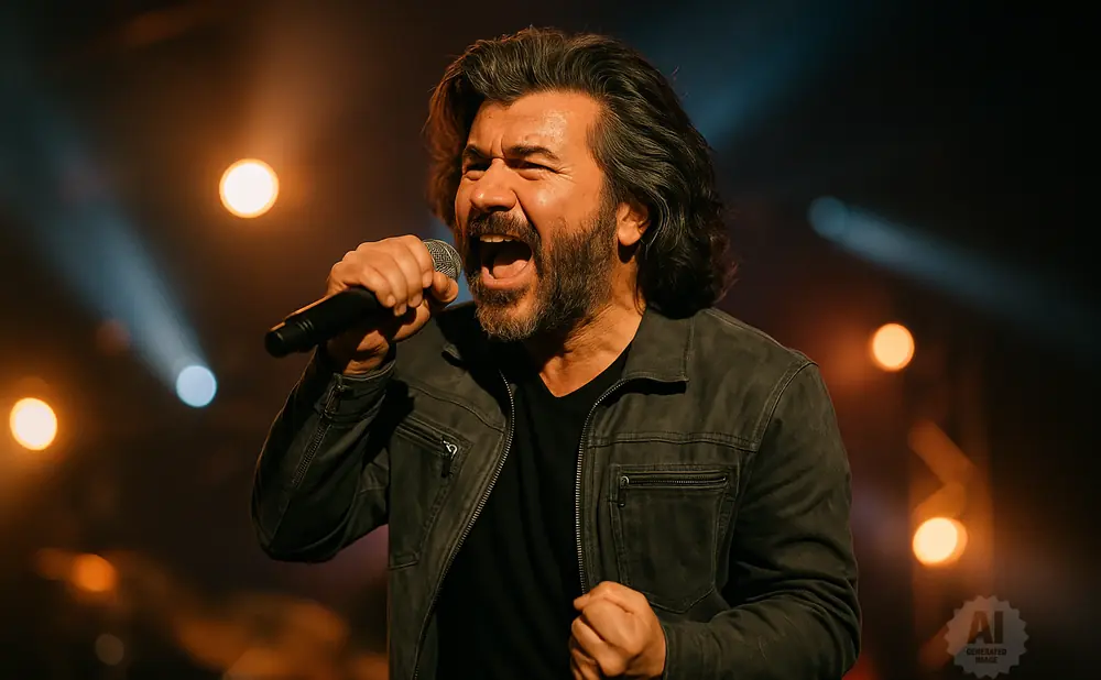 A man with long, dark hair and a beard sings into a microphone on a dimly lit stage.
