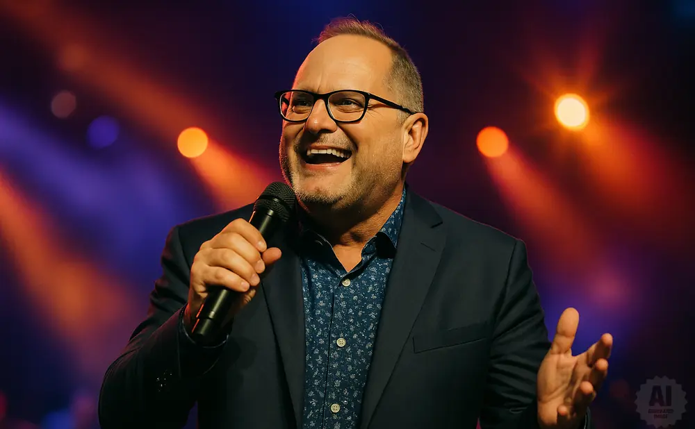 A man in a suit and glasses holds a microphone, speaking with a wide smile and open hands.