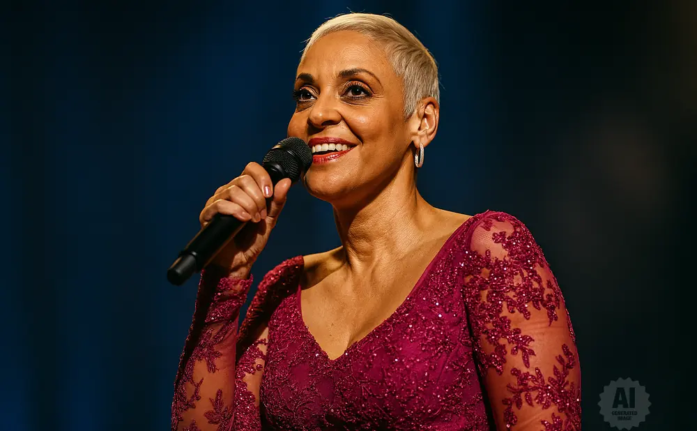 Singer with short blonde hair wearing a sparkly maroon dress and holding a microphone.