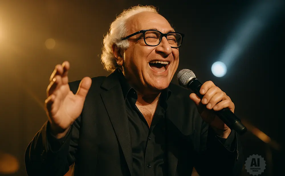 A man with white hair and glasses sings into a microphone, gesturing with his left hand.