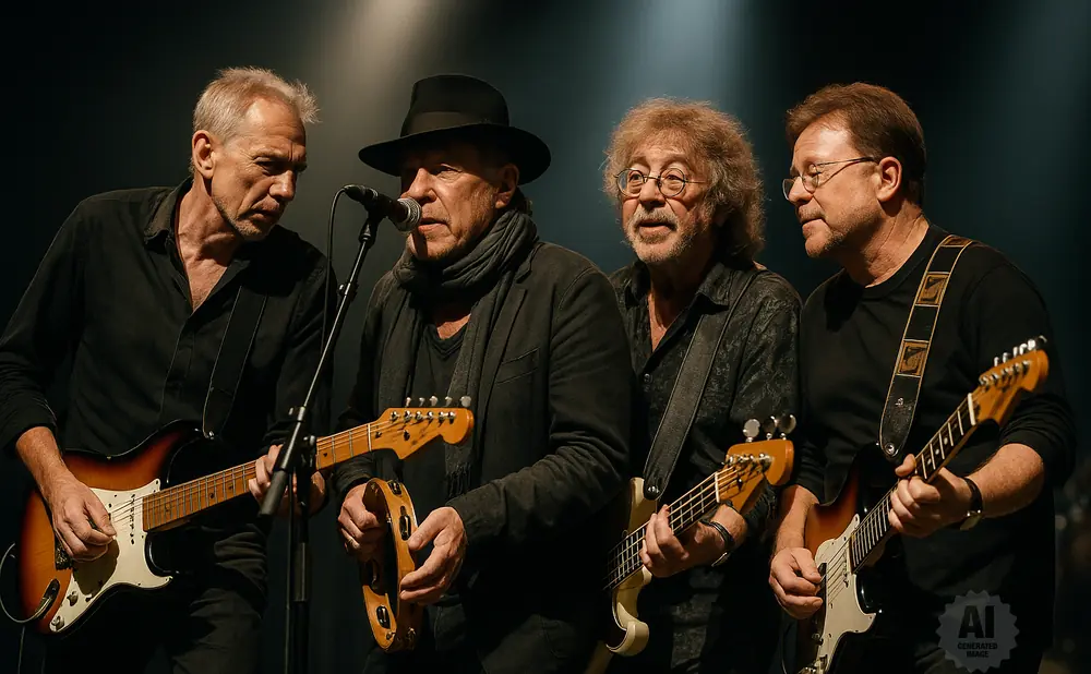 Four men playing guitars and a tambourine on stage.